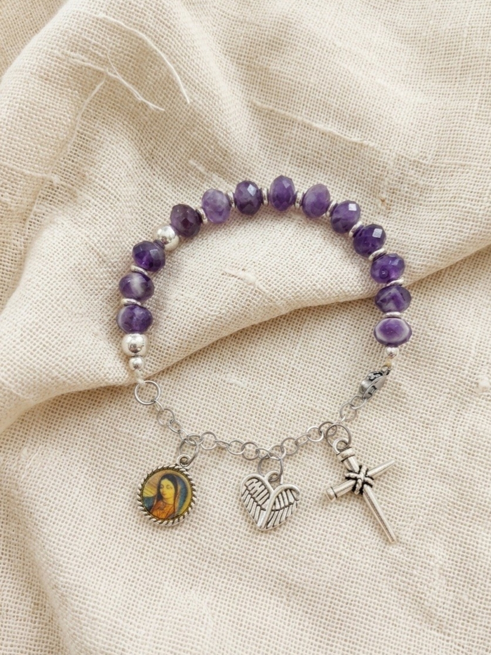 Purple Amethyst Rosary Bracelet with Silver Charms